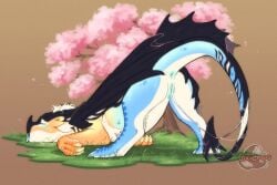 after_masturbation after_vaginal anus ass_up black_horn black_nose_horn blue_anus blue_body blue_claws blue_pussy blue_scales blue_tongue bodily_fluids claws cocodrops_(artist) dragon female female_feral feral genital_fluids genitals horn mythological_creature mythological_scalie mythology pussy raised_tail scales scalie solo tail tongue tongue_out vaginal_fluids yellow_claws