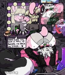 1boy 1girls anthro ass backstage big_ass blonde_hair duo effie_the_skunk english_text facesitting female femdom furry hamburger kneehighs looking_back male malesub monster_energy pastelassz pleated_skirt rear_view short_tail skimpy skunk spiked_collar text