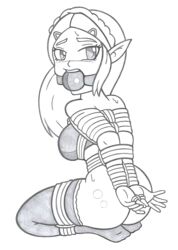 arms_behind_back ass ball_gag blush bondage bottomless bound bound_wrists bra breath_of_the_wild female femsub frogtie gag gagged kneeling long_hair medium_breasts monochrome nintendo princess_zelda rope the_legend_of_zelda thighhighs zalder-sm zelda_(breath_of_the_wild)