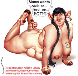 anthro big_breasts braided_hair branding_mark breasts chubby female hair hooves human hybrid looking_at_viewer mammal multi_breast pig porcine solo synthean text thought_bubble transformation