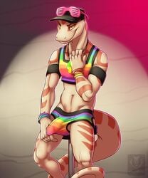 1boy anthro bulge clothing corn_snake derrick erection hextra male male_only midriff navel penis_outline reptile scalie short_shirt slim snake solo tenting underwear vallhund