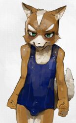 1boy 2015 anthro bulge canine cheek_tuft clothing crossdressing erection erection_under_clothes eyebrows fist fox fox_mccloud fur furry furry_only green_eyes grin liteu looking_at_viewer male male_only mammal nintendo orange_fur simple_background solo standing star_fox swimsuit teeth tuft video_games white_background white_fur