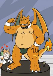 bulge charizard charkonian_graotl_ard chippendale clothing colored male male_only nintendo pokemon pokemon_(species) solo speedo stripper swimsuit teasing victorleo video_games