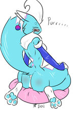 2010 alternate_color anthro ass bandai_namco blue_fur blue_paws blush bottomless breasts canine closed_eyes clothed clothing dialogue digimon digimon_(species) english_text fan_character female fox fur furry furry_only gloves haley_(nightfaux) half-dressed mammal nightfaux pawpads paws pillow pussy raised_tail rear_view renamon sideboob simple_background sitting solo text topless tuft white_background white_fur