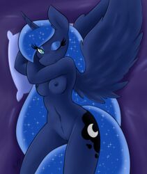 2015 alicorn ambris anthro anthrofied bed blue_eyes blue_fur blue_hair breasts cutie_mark equine eyelashes eyeshadow female friendship_is_magic fur hair horn long_hair looking_at_viewer lying makeup mammal my_little_pony navel nipples nude on_back one_eye_closed pillow princess_luna_(mlp) pussy smile solo wings wink