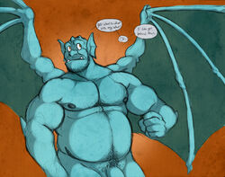 body_hair broadway_(gargoyles) chest_hair dialogue disney english_text gargoyle gargoyles hair hairy male_only muscular nude penis pubic text wings wkd