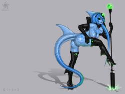 blue_body blue_skin boots demon_girl female fish full_length g1r0r0 gloves glowing high_heel_boots looking_at_viewer monster_girl orb rod shark solo staff wand weapon