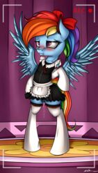 2015 absurd_res alternate_hairstyle biped blue_fur blush camcorder camera clitoris clothing equine female feral friendship_is_magic fur hair hairbow hi_res legwear maid maid_uniform mammal multicolored_hair my_little_pony neko-me pegasus pink_eyes ponytail pussy pussy_juice rainbow_dash_(mlp) rainbow_hair rainbow_tail recording solo spread_wings thigh_highs tied_hair wings