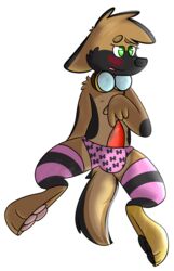 1boy anthro blush bone bone_pattern bronze_paw bulge canine clothing crotch_bulge discoafterdark dog eyewear furry german_shepherd goggles green_eyes knot leg_warmers legwear male male_only mammal nipples paws penis solo underwear