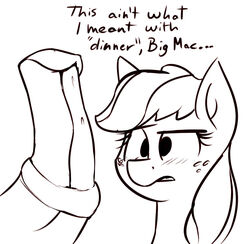 animal_genitalia applejack_(mlp) big_macintosh_(mlp) blush brother brother_and_sister disembodied_penis emberkaese english_text equine erection female freckles friendship_is_magic horse horsecock incest looking_at_penis male mammal monochrome my_little_pony open_mouth penis pony sibling simple_background sister smooth_skin straight text white_background