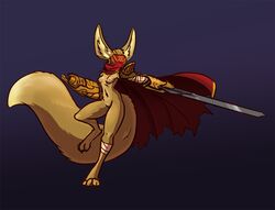 alorix anthro armor big_ears bottomless breasts canine cape cloak clothed clothing female fennec fox half-dressed mammal mask melee_weapon nude pussy small_breasts sword unconvincing_armor weapon