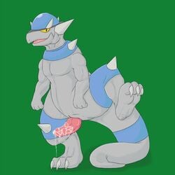 2015 animal_genitalia claws cum cum_on_penis cum_string erection feral genital_slit green_background kairyu211 looking_at_viewer male male_only muscular nintendo on_one_leg penis pokemon raised_leg rampardos scalie simple_background slit smile solo standing thick_penis video_games yellow_sclera