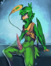 1boy 2015 anthro avian beak blue_eyes blush bottomless clothed clothing erection feathered_wings feathers green_feathers half-dressed looking_at_viewer male male_only navel nevrean penis quzue shirt shirt_lift sitting solo tapering_penis winged_arms wings zerolativity