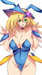 1girls blonde_hair breasts breasts_bigger_than_head cleavage curvy dark_magician_girl female female_only green_eyes hair_over_breasts hat huge_breasts leotard long_hair looking_at_viewer magical_girl partially_visible_vulva shiny shiny_skin smile solo standing thick_thighs tsukasawa_takamatsu upper_body wide_hips yu-gi-oh! yu-gi-oh!_duel_monsters