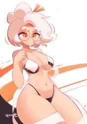 2d 2d_(artwork) belly bikini black_panties closed_mouth exposed_midriff female_only glasses human human_only light-skinned_female light_skin navel nintendo orange_eyes purah purah_(tears_of_the_kingdom) simple_background tears_of_the_kingdom the_legend_of_zelda white_hair zackir_7