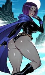 ai_generated ass big_ass big_breasts cape curvy dc dc_comics female female_focus goth goth_girl leotard raven_(dc) rcos sexy solo solo_female solo_focus