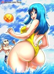 1boy 1girls abs ass ass bare_arms bare_legs bare_shoulders bare_thighs big_ass big_breasts big_butt blue_eyes blue_hair color dragon_ball dragon_ball_z female hi_res krillin large_breasts light-skinned_female light_skin long_hair looking_at_viewer male male/female maron muscles muscular muscular_male rezp swimsuit tagme thick_thighs water