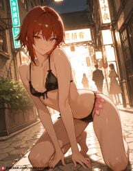 ai_generated anus beautfiul_background condom_belt flickering_streetlights kneeling mikado_ryouko seductive_smile small_breasts street stunning_backgroud