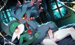 1girls ai_generated anthrofied anus asshole bluish_green_hair breast cowgirl_position cute dark_blue_hair dark_green_hair female gallade haunted_house holding_ass holding_chest misdreavus multicolored_hair necklace night nintendo nipples penis_in_pussy petite petite_body petite_female pink_hair pokemon pokemon_(species) red_eyes red_necklace showing_ass small_breasts smile spiderweb vagina vaginal_sex yellow_sclera