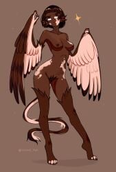 absurdres animal_ears animal_feet bird_ears bird_legs blunt_bangs bob_cut breasts brown_background brown_feathers brown_hair brown_wings cat_tail claws commentary dark-skinned_female dark_skin english_commentary ev_v1l feathered_wings feathers female female_pubic_hair harpy highres medium_breasts monster_girl navel nipples nude original pubic_hair rectangular_eyewear short_hair solo sparkle tail twitter_username two-tone_wings vitiligo white_feathers white_wings winged_arms wings yellow_eyes