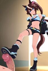 1futanari ai_generated animal_ears blue_eyes brown_hair erect_penis erection feet feet_focus female horse_ears horse_girl horse_tail penis shoes shoes_focus smile socks solo standing stepped_on stepping_on_penis tokai_teio_(umamusume) umamusume umamusume_pretty_derby