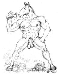 abs ambiguous_gender animal_genitalia anthro artist_name balls barn duo equid equine farm genitals gianttoby hi_res holding_micro holding_prey hooves horse imminent_vore macro male mammal micro muscular narrowed_eyes nipples nude_male penis penis_tip plant sheath squint text tree