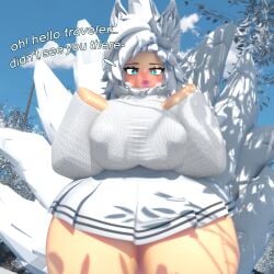 1girls 3d 3d_(artwork) 3d_model 3d_render background big_breasts blush breast_squish breasts clothed clothed_female commission dialogue female female_focus female_only fluffy_ears fluffy_tail fox fox_ears fox_girl fox_tail kitsune large_breasts long_sleeves nearlyepoint nine_tailed_fox nipple_bulge nipples nipples_visible_through_clothing roblox robloxian short_skirt skirt sweater tail thick_thighs thighs white_fur white_hair