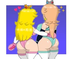 2girls ass big_ass big_breasts big_butt blonde_hair boxing_gloves breasts female_focus female_only large_ass large_breasts long_hair mario_(series) princess_peach princess_rosalina rngsucks thick thick_ass thick_thighs thighs