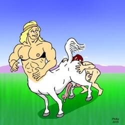 2015 anal animal_genitalia animal_penis artist_name balls blonde_hair bodily_fluids centaur duo equid equid_taur equine_genitalia equine_penis erection european_mythology fur genital_fluids genitals gianttoby grass greek_mythology hair human humanoid_genitalia humanoid_penis humanoid_taur looking_back male male/male mammal mammal_taur mountain_range mythology oral penis plant precum raised_tail rimming sex sheath signature sky tail taur text white_body white_fur