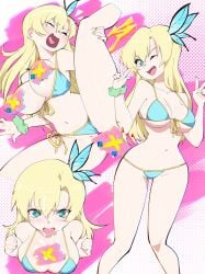 absurdres aetherion aqua_eyes bikini blonde_hair blue_bikini blue_butterfly boku_wa_tomodachi_ga_sukunai breasts breasts_out bug butterfly butterfly_hair_ornament censored collarbone commentary_request cum cum_on_body cum_on_hair double_v facial feet_out_of_frame female front-tie_bikini_top front-tie_top green_scrunchie hair_ornament highres implied_paizuri implied_sex kashiwazaki_sena large_breasts long_hair looking_at_viewer multiple_views navel oerba_yun_fang open_mouth paid_reward_available pink_background scrunchie side-tie_bikini_bottom smile spread_legs standing swimsuit v w_arms wrist_scrunchie