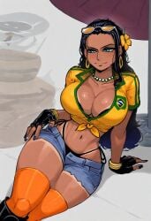 1girls ai_generated artist_request big_breasts brazilian_miku brazilian_miku_(cosplay) breasts clothing cosplay dark-skinned_female dark_skin eyewear_on_head female female_only huge_breasts jean_shorts large_breasts nico_robin nico_robin_(egghead) one_piece shorts smile solo sunglasses tan-skinned_female thick_thighs thong voluptuous voluptuous_female