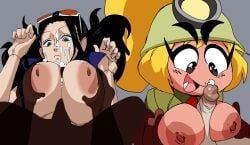 2girls areolae between_breasts black_hair blonde_hair cum cum_on_breasts cumming goombella happy helmet helmet_with_visor lying nico_robin nintendo one_piece paizuri paizuri_lead_by_female paizuri_lead_by_male paper_mario paper_mario:_the_thousand-year_door thick_eyebrows