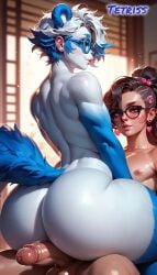 2boys 2femboys 4_ears ai_generated animal_ears animal_humanoid anthro anthro_on_human big_ass big_balls big_butt big_penis blue_fur blue_hair brown_hair cuddling femboy femboy_only glasses human humanoid light-skinned_male looking_at_viewer multicolored_hair panda panda_ears sitting_on_partner sitting_on_penis sitting_on_person tail tetriss valo_(tetriss) veny_(tetriss) white_fur