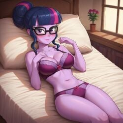 1girls ai_generated barefoot bed bedroom big_breasts blush bra breasts cameltoe cleavage equestria_girls feet female female_only friendship_is_magic glasses hasbro large_breasts looking_at_viewer my_little_pony navel on_back on_bed panties pillow pony_diffusion_6 pony_diffusion_xl purple_bra purple_panties purple_underwear sci-twi solo solo_female stable_diffusion thighs twilight_sparkle_(mlp) underwear wide_hips