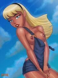 1girls areola black_headband blonde_hair blue_eyes breasts cleavage dc dc_comics dcau eyeliner eyeshadow female hairband headband justice_league justice_league_unlimited kara_kent kara_zor-el large_breasts lipstick long_hair makeup nipples overalls solo sunsetriders7 supergirl superman:_the_animated_series superman_(series) suspenders thighs voluptuous