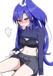 ... 1girls black_bra black_panties blue_eyes blue_hair blush bra breasts clothes_lift condom condom_in_mouth female grey_skirt hair_between_eyes kazanari_tsubasa lifting_own_clothes long_hair miniskirt senki_zesshou_symphogear sitting skirt skirt_lift solo stomach sweater sweater_lift tobase_ui white_background