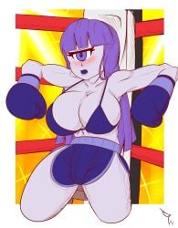 1girls 3dboxing big_breasts bikini bikini_top blush boxing boxing_gloves boxing_ring boxing_shorts breasts cyclops huge_breasts large_breasts long_hair monster_girl mouthguard original ornea_(waifuwars) purple_hair shorts solo solo_female solo_focus