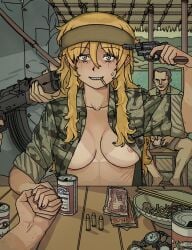 aiming alcohol beer blonde_hair blue_eyes breast_slip captured cigarette covered_nipples cup_ramen female food fukufaku gun headband highres holding_hands implied_suicide makeup military_uniform money nipple_slip nipples noodles original ramen revolver runny_makeup russian_roulette table