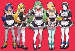 5girls akairiot black_shoes blonde_hair blue_eyes blue_hair breasts cleavage clothed crossover earrings embarrassed feet_together female female_only fire_emblem fire_emblem_awakening fully_clothed garter_straps green_hair holding_object human kid_icarus knees_together lineup looking_at_viewer looking_away lucina_(fire_emblem) maid_outfit maid_uniform maids mario_(series) multiple_females nintendo pale_skin palutena pose princess_peach princess_rosalina red_background ribbon serving_tray shoes simple_background super_smash_bros. super_smash_bros._for_nintendo_3ds_and_wii_u thighhighs uniform white_skin wii_fit_trainer