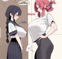 2girls ai_generated ass black_hair blue_hair catfight farting_in_face futanari irelia_xan katarina_du_couteau league_of_legends red_hair wrestling