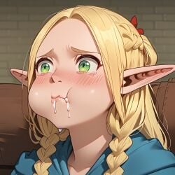 1girls ai_generated blonde_hair cum cum_in_mouth delicious_in_dungeon gokkun green_eyes long_hair marcille_donato puffed_cheeks tagme tearing_up tears worried worried_expression