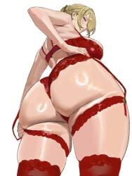 ass blonde_hair bra braid braided_bun breasts commentary evelyn_chevalier female from_behind from_below hair_bun hand_on_own_hip highres hintobento large_breasts looking_at_viewer looking_back paid_reward_available panties red_bra red_garter_straps red_panties solo underwear white_background zenless_zone_zero