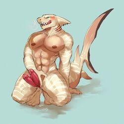 1boy 2015 abs animal_genitalia anthro blue_background blush brown_scales crouching diphallia diphallism dorsal_fin erection fin fin_piercing fish furikake furry-specific_piercing genital_slit gills hemipenes humanoid_penis kain licking licking_lips looking_at_viewer male male_only marine multi_penis nipple_piercing nipples nude open_mouth pecs penis piercing precum presenting scales sex_toy shark sharp_teeth simple_background slit slitfluid smile solo stripes tan_scales teeth thick_tail tongue tongue_out