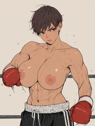 1girls abs ai_generated boxing boxing_gloves boxing_ring boxing_trunks brown_hair huge_breasts kosine1777 kosineverse muscular_female original original_character reiko_(kosine1777) short_hair sweat sweaty sweaty_body tan_body tomboy toned toned_abs toned_female topless topless_boxing trunks