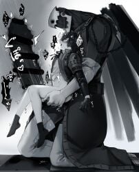 2boys absurdres anal bar_censor bottomless censored chains gloves greyscale hair_between_eyes highres holding jacket kneeling knees_together_feet_apart long_sleeves lor_(roasyerizyonirapi) male_focus monochrome multiple_boys neck_ribbon no_shoes open_clothes open_jacket open_mouth penis persona persona_3 ribbon shadow shirt short_hair size_difference socks sound_effects thanatos_(persona) tongue tongue_out yaoi yuuki_makoto_(persona_3)