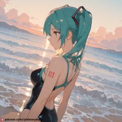 ai_generated beautfiul_background foggy happy hatsune_miku large_breasts lawn one-piece_swimsuit side_profile stormy stunning_backgroud