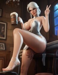 1girls 2025 3d ai_generated areola areola_slip beer beer_mug big_breasts breasts ciri cocktail_dress dress enigmata female high_heels indoors looking_at_viewer mug peace_sign scar sitting solo tattoo tattoo_on_leg the_witcher_3:_wild_hunt thick_thighs thighs v v_sign white_hair