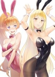 aiz_wallenstein armpits arms_up bare_arms bare_shoulders belly_button_visible_through_clothing black_pantyhose blonde_hair blue_eyes blush breasts brown_pantyhose bunny_ears bunnysuit cleavage collarbone detached_collar drooling dungeon_ni_deai_wo_motomeru_no_wa_machigatteiru_darou_ka elf heart-shaped_pupils lefiya_viridis leotard long_hair medium_breasts noshiro_tomoya open_mouth orange_hair pantyhose pointy_ears ponytail red_leotard sideboob strapless_leotard thighband_pantyhose wrist_cuffs yellow_eyes