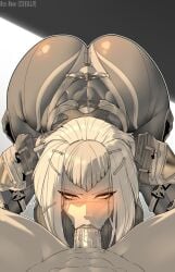 anonymous_male aoi_morohoshi big_ass blowjob blush fellatio looking_at_partner looking_at_viewer monochrome saliva warframe