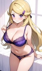 ace_trainer_(pokemon) ace_trainer_(pokemon_xy) ai ai_generated astrid_(pokemon) blonde_female blonde_hair blonde_hair_female bra game_freak hair_clip hair_ornament long_blonde_hair long_hair looking_at_viewer nintendo panties pixai pokemon_xy purple_bra purple_hair purple_panties purple_underwear smile smiling smiling_at_viewer underwear yellow_hair